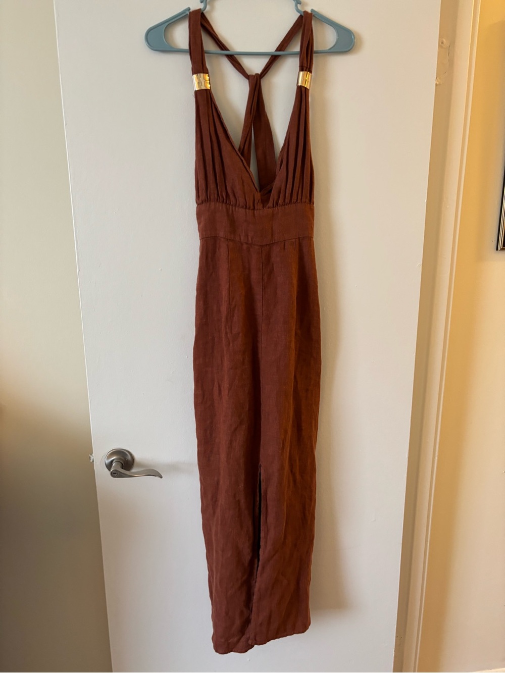 Zara Rust Brown Asymmetrical Strap Jumpsuit with Gold Accents